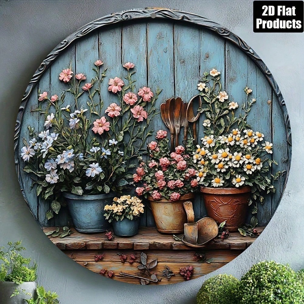 Gardening Tools Vintage - لوحة جدارية دائرية من الألومنيوم بتصميم